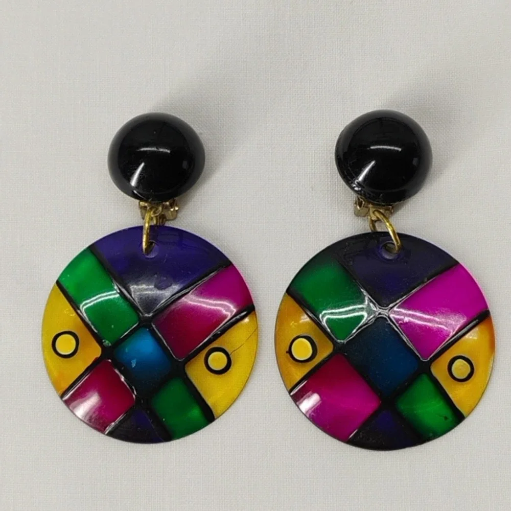 Vintage Stained Glass Plastic Clip On Earrings Neon Retro Boho - Picture 3 of 6